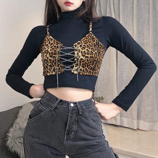 women's long sleeve high neck t-shirt leopard print fake 2-piece slim and open navel top, White
women's long sleeve high neck t-shirt leopard print fake 2-piece slim and open navel top, White