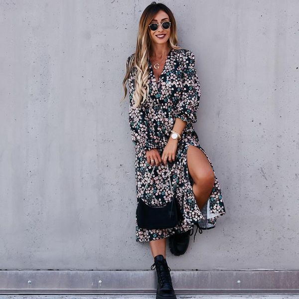 casual dresses long floral print dress robe for women 2021 sleeve split female boho elegant maxi party vestidos spring, Black;gray 
casual dresses long floral print dress robe for women 2021 sleeve split female boho elegant maxi party vestidos spring, Black;gray