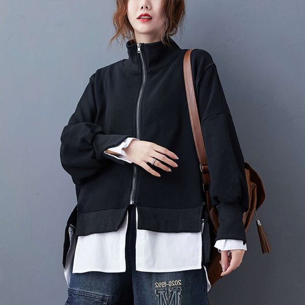2021autumn and winter 2020 new fashion fake two piece solid color jacket women's loose medium length zipper knitted cardigan, White;black
2021autumn and winter 2020 new fashion fake two piece solid color jacket women's loose medium length zipper knitted cardigan, White;black