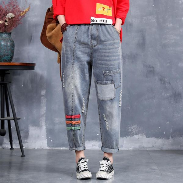 2021 new women ankle length vintage elastic waist oversized disk buckle patchwork ripped pockets denim pant lady trousers 4ry4, Blue
2021 new women ankle length vintage elastic waist oversized disk buckle patchwork ripped pockets denim pant lady trousers 4ry4, Blue