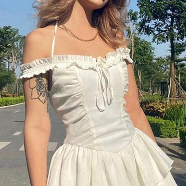 casual dresses 2021 women solid ruffles hem strap short sleeve cold shoulder mini dress summer fashion y2k, Black;gray
casual dresses 2021 women solid ruffles hem strap short sleeve cold shoulder mini dress summer fashion y2k, Black;gray