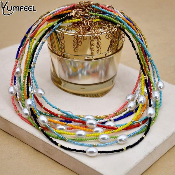 yumfeel new fashion jewelry small glass seed beads pearls necklace womem bohemian chokers 6pcs, Golden;silver