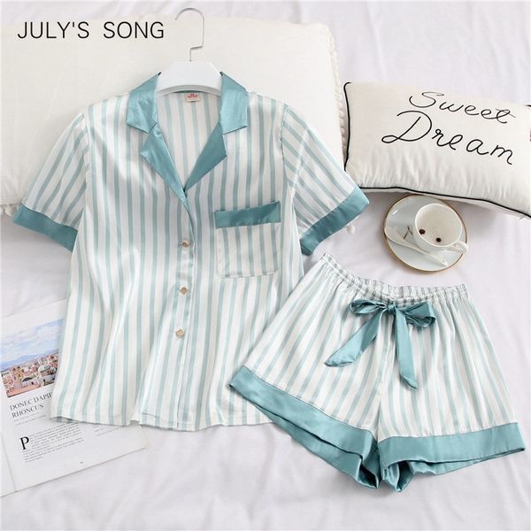 july's song women pajamas set 2 pieces stripe faux silk pajamy suit cute simple casual sleepwear short sleeves shorts for female 210305, Black;red
july's song women pajamas set 2 pieces stripe faux silk pajamy suit cute simple casual sleepwear short sleeves shorts for female 210305, Black;red