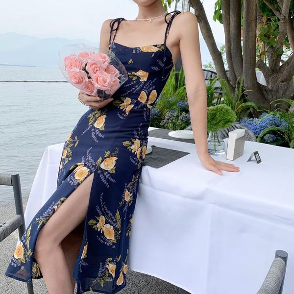 casual dresses french style vintage summer floral strap dress women's lace-up side split midi female vestidos, Black;gray
casual dresses french style vintage summer floral strap dress women's lace-up side split midi female vestidos, Black;gray