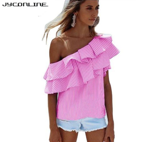 women's blouses & shirts jyconline casual striped blouse ruffles women off shoulder elegant short sleeve summer pink, White
women's blouses & shirts jyconline casual striped blouse ruffles women off shoulder elegant short sleeve summer pink, White