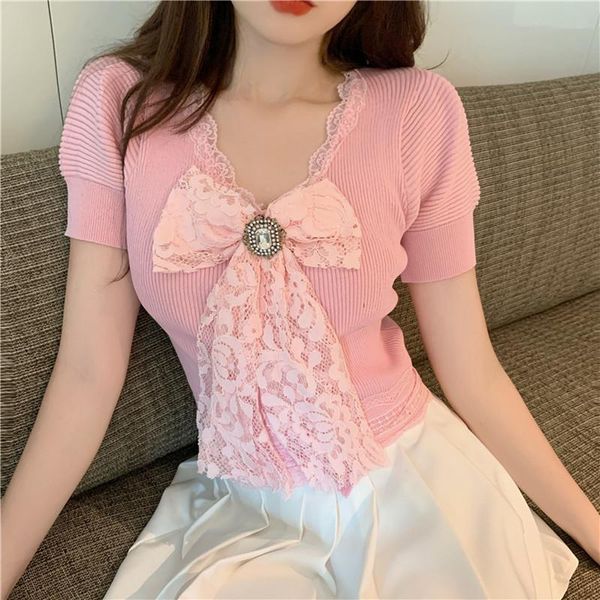 women's t-shirt y2k knitted lace bow v-neck slim puff sleeve style summer tees korean fashion brand t shirts women clothing, White
women's t-shirt y2k knitted lace bow v-neck slim puff sleeve style summer tees korean fashion brand t shirts women clothing, White