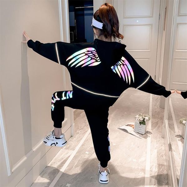 outfits hooded girl clothing reflective wing jacket pants 2pcs sets hoodies sports suit streetwear cotton clothes, White 
outfits hooded girl clothing reflective wing jacket pants 2pcs sets hoodies sports suit streetwear cotton clothes, White