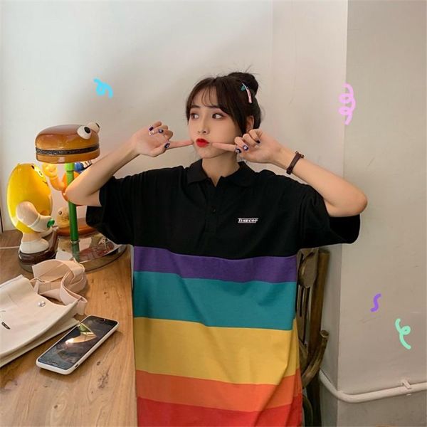 women's t-shirt summer t-shirts women rainbow stripes patchwork short sleeve loose turn down collar tees fashion casual femme, White
women's t-shirt summer t-shirts women rainbow stripes patchwork short sleeve loose turn down collar tees fashion casual femme, White