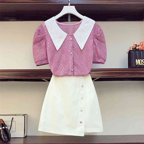 puff sleeve lace shirt 2 piece set women summer doll collar short-sleeved women's + button asymmetry skirt suits 210602, White
puff sleeve lace shirt 2 piece set women summer doll collar short-sleeved women's + button asymmetry skirt suits 210602, White
