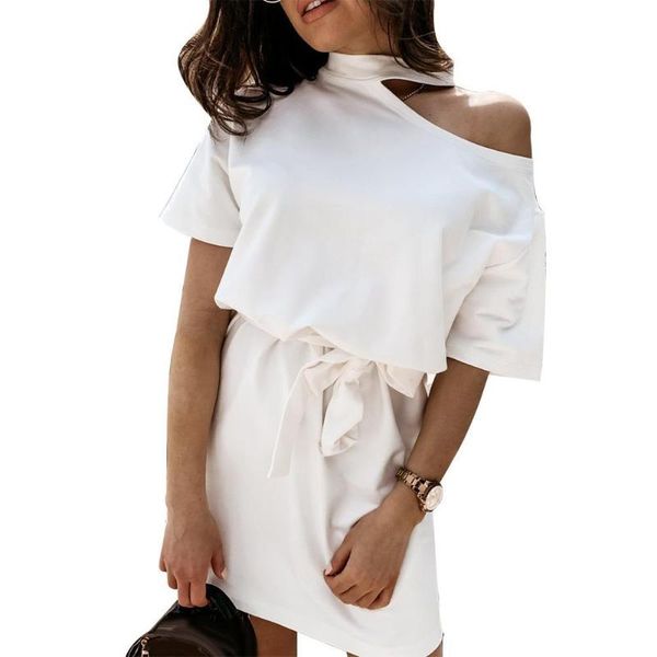 women stylish solid color halter one shoulder short sleeve waist belt mini dress, Black;gray
women stylish solid color halter one shoulder short sleeve waist belt mini dress, Black;gray