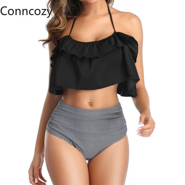 women's swimwear black flower striped bikini set conservative high waist swimsuit women ruffle bathing suit beach two piece, White;black
women's swimwear black flower striped bikini set conservative high waist swimsuit women ruffle bathing suit beach two piece, White;black