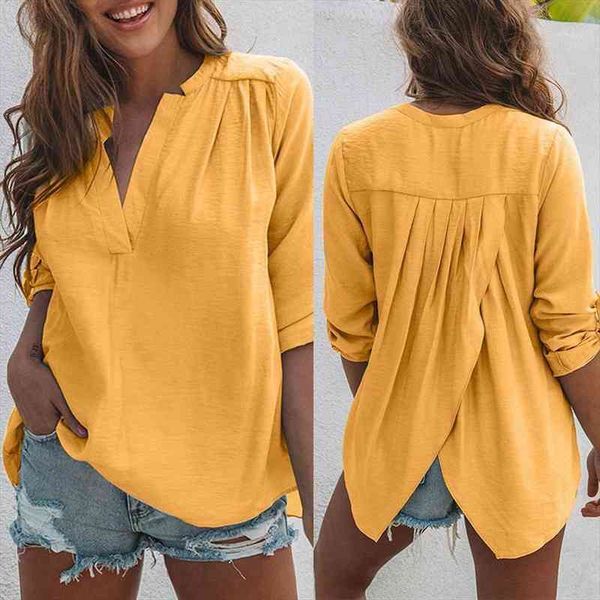 fashion solid color women shirts long sleeve pleated back slitting hem, White
fashion solid color women shirts long sleeve pleated back slitting hem, White