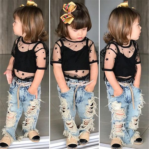 clothing sets 3 pcs kids girls pants outfits mesh short sleeve stars + black vest ripped denim 2-7years, White
clothing sets 3 pcs kids girls pants outfits mesh short sleeve stars + black vest ripped denim 2-7years, White