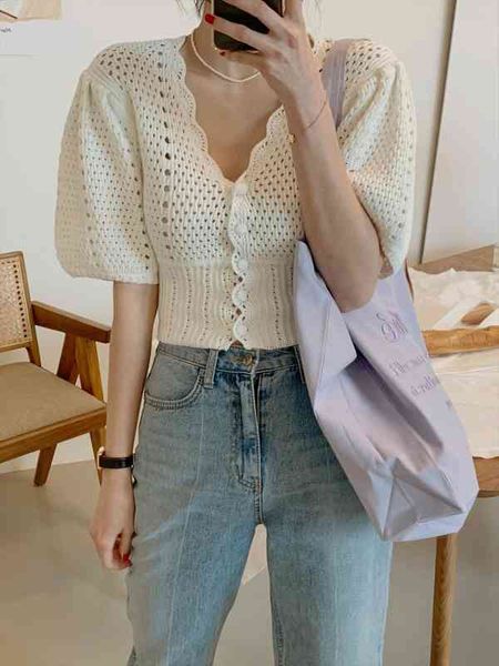 summer casual knitwear sweater puff sleeve hollow out crochet flower cardigan women elegant v neck slim knit crop, White;black 
summer casual knitwear sweater puff sleeve hollow out crochet flower cardigan women elegant v neck slim knit crop, White;black