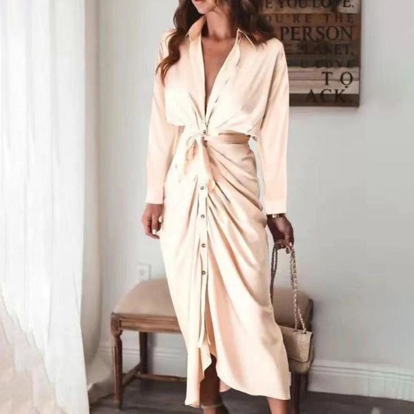 casual dresses office lady autumn dress 2021 solid color satin surface single-breasted lace-up shirt for, Black;gray 
casual dresses office lady autumn dress 2021 solid color satin surface single-breasted lace-up shirt for, Black;gray