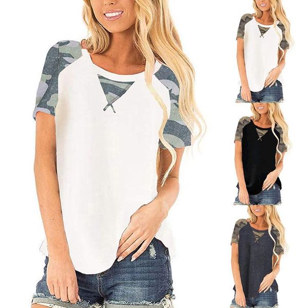 women's t-shirt 2021 color matching cross camouflage short sleeve round neck for women, White
women's t-shirt 2021 color matching cross camouflage short sleeve round neck for women, White