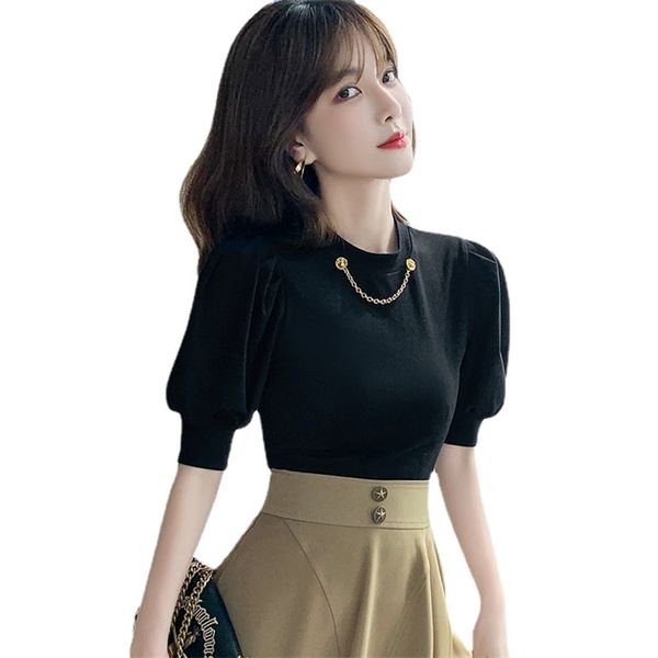 korean women's puff sleeve t shirt backless o-neck metal chain slim fit tees women white tshirt cotton t-shirts for teens 210604
korean women's puff sleeve t shirt backless o-neck metal chain slim fit tees women white tshirt cotton t-shirts for teens 210604