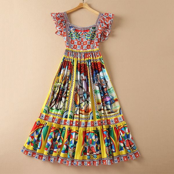 european and american women's autumn 2021 new fly sleeve square collar vintage print fashion pleated dress, Black;gray
european and american women's autumn 2021 new fly sleeve square collar vintage print fashion pleated dress, Black;gray