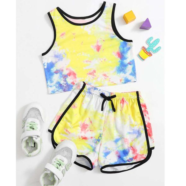 girls' tie dyed knitted boys' vest and shorts suit, White