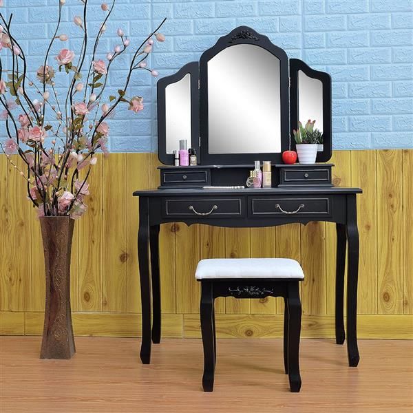bedroom furniture creative nordic luxury fashionable tri-fold mirror dresser with stool black single dressing girl makeup table
bedroom furniture creative nordic luxury fashionable tri-fold mirror dresser with stool black single dressing girl makeup table