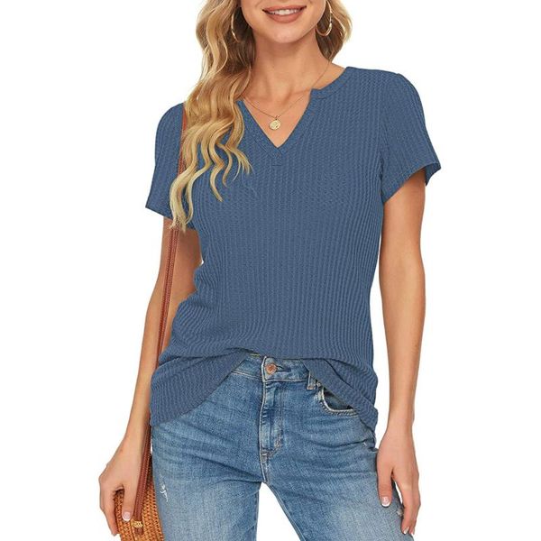 women's t-shirt fashionable summer casual solid knitted v-neck short sleeves regular length loose shirt, White
women's t-shirt fashionable summer casual solid knitted v-neck short sleeves regular length loose shirt, White