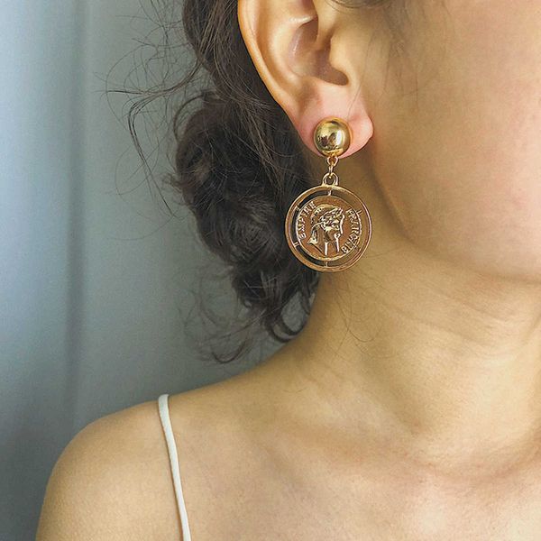 ornament coin simple geometric personality female round relief letter portrait earrings, Silver
ornament coin simple geometric personality female round relief letter portrait earrings, Silver