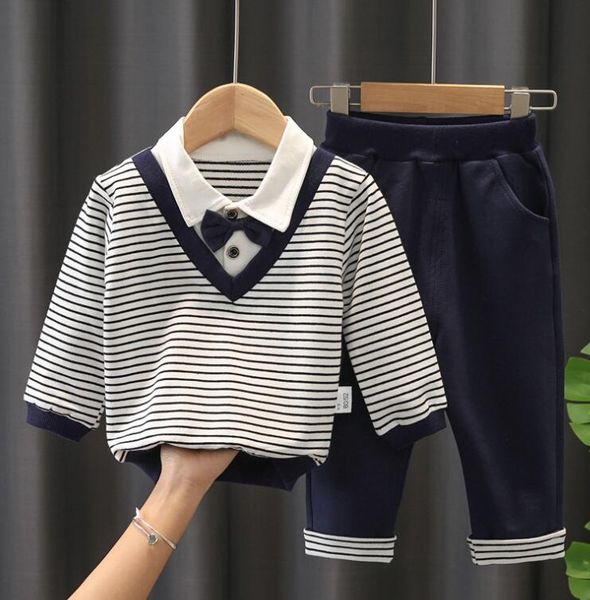 boys' spring sets striped lapel long sleeve children's wear, White
boys' spring sets striped lapel long sleeve children's wear, White