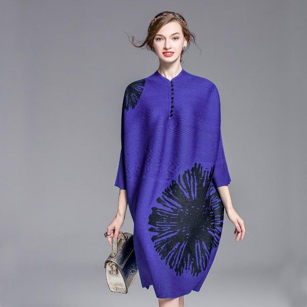 casual dresses 2021 autumn women's pleated dress folds design loose large size long sleeve print knee-length robes, Black;gray