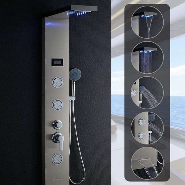 shower faucet brushed column jets shower panel display monite bath rain waterfall digital led display thermostatic valve fashion
shower faucet brushed column jets shower panel display monite bath rain waterfall digital led display thermostatic valve fashion