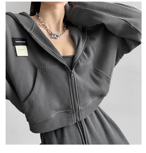 women's jackets american waffle loose hoodie spring and autumn long sleeve sports coat solid color label short open navel top, Black;brown
women's jackets american waffle loose hoodie spring and autumn long sleeve sports coat solid color label short open navel top, Black;brown