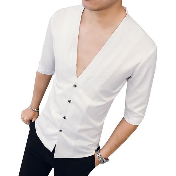 men's casual shirts 2021 men summer cropped three quarter sleeve shirt slim fit v neck half solid color dress deep collar blouses, White;black
men's casual shirts 2021 men summer cropped three quarter sleeve shirt slim fit v neck half solid color dress deep collar blouses, White;black