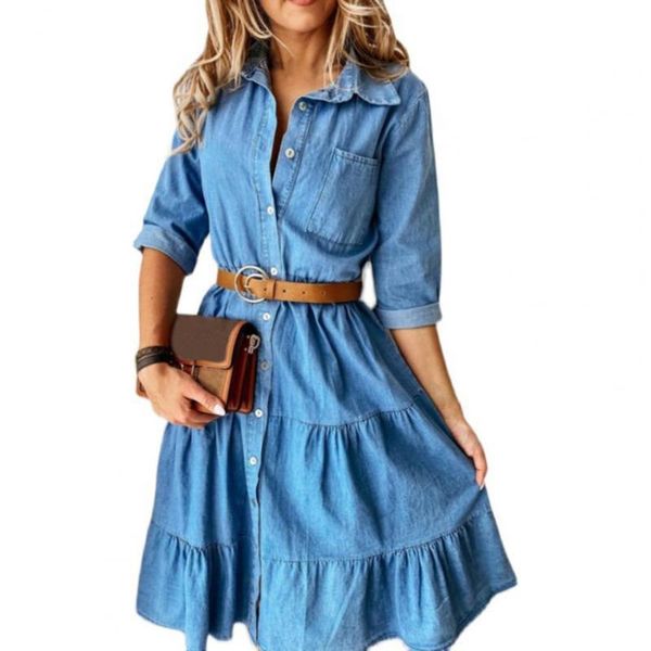 women's swimwear elegant femmale buttons women dress ladies lapel denim three quarter sleeve ruffle casual holiday party vestidos, White;black
women's swimwear elegant femmale buttons women dress ladies lapel denim three quarter sleeve ruffle casual holiday party vestidos, White;black