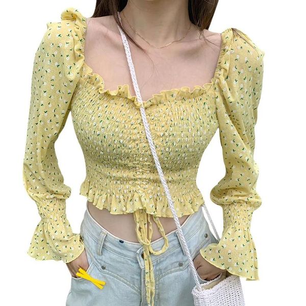 2021 woman chiffon shirt fashion casual long-sleeved square collar sweet pleated small floral print short top, White
2021 woman chiffon shirt fashion casual long-sleeved square collar sweet pleated small floral print short top, White