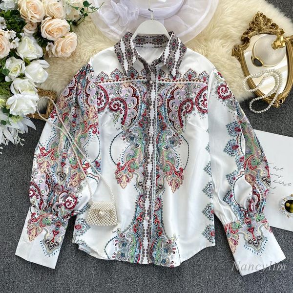 women's blouses & shirts print blouse women autumn and winter retro totem printing lapel long puff sleeve pearl buckle loose all-match, White
women's blouses & shirts print blouse women autumn and winter retro totem printing lapel long puff sleeve pearl buckle loose all-match, White