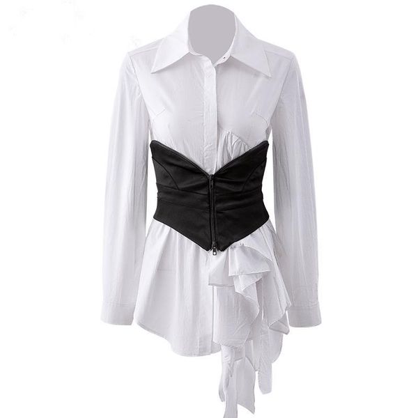 women's blouses & shirts korean women vintage blouse temperament ruffles asymmetric hem ladies long shirt and black waistband, White
women's blouses & shirts korean women vintage blouse temperament ruffles asymmetric hem ladies long shirt and black waistband, White
