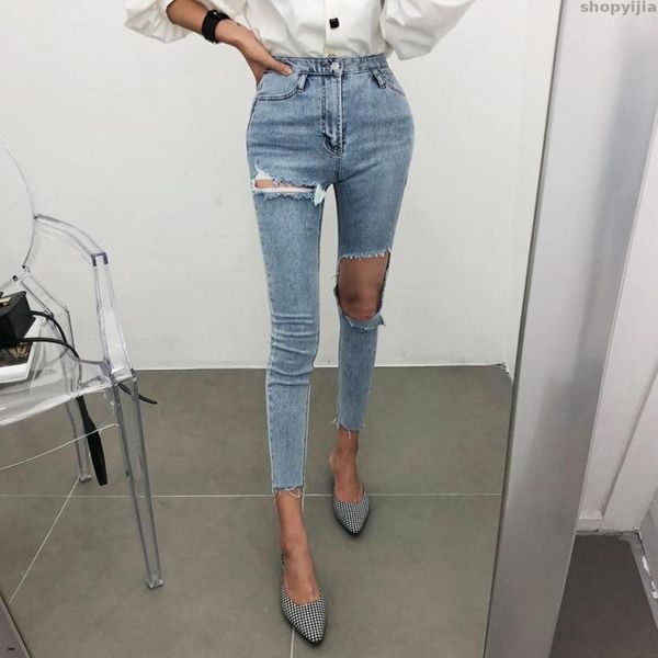 women's jeans one-legged big hole personality feet pants korean version of the slimming high waist, Blue
women's jeans one-legged big hole personality feet pants korean version of the slimming high waist, Blue