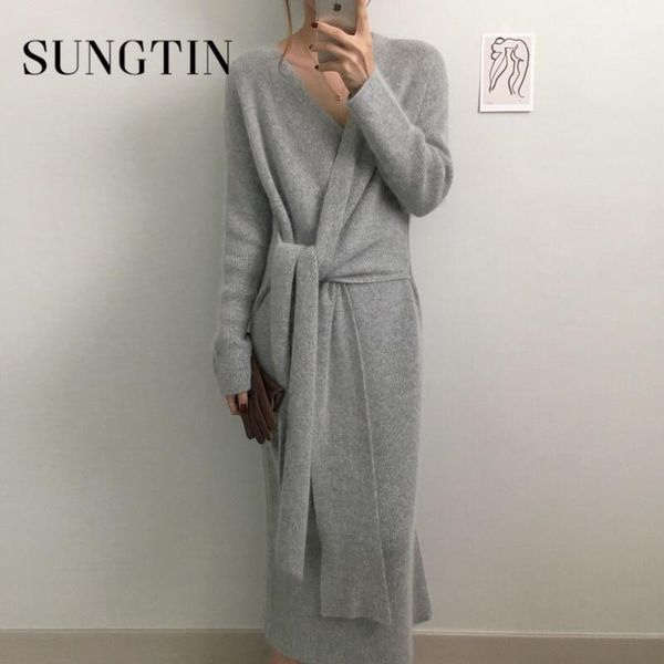 sungtin autumn sashes ol sweater dress women winter v neck lace up office lady knit female elegant loose long jersey mujer casual dresses, Black;gray
sungtin autumn sashes ol sweater dress women winter v neck lace up office lady knit female elegant loose long jersey mujer casual dresses, Black;gray