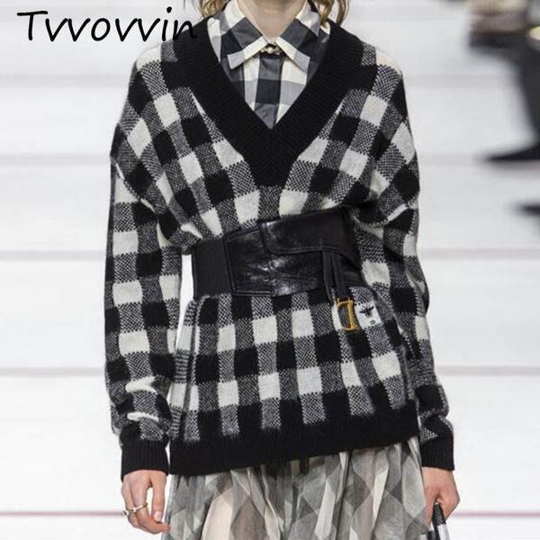 2021 autumn new black white plaid stitching knit loose hem v-neck long-sleeved sweater fashion womens set c162 v191130, White;black
2021 autumn new black white plaid stitching knit loose hem v-neck long-sleeved sweater fashion womens set c162 v191130, White;black