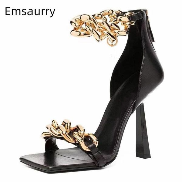 black genuine leather square toe sandals women unique thin high heels back zip open toes metal chains decor runway sandalias
black genuine leather square toe sandals women unique thin high heels back zip open toes metal chains decor runway sandalias