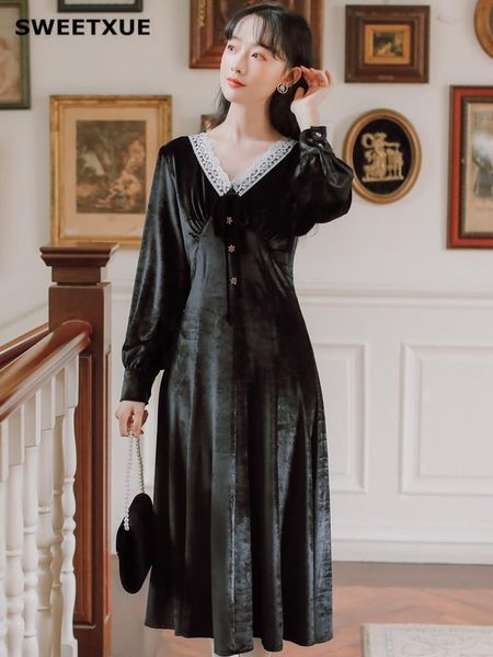 casual dresses sweetxue long sleeve velvet solid color french retro dress women's fashion lace patchwork elegant chic party female, Black;gray
casual dresses sweetxue long sleeve velvet solid color french retro dress women's fashion lace patchwork elegant chic party female, Black;gray