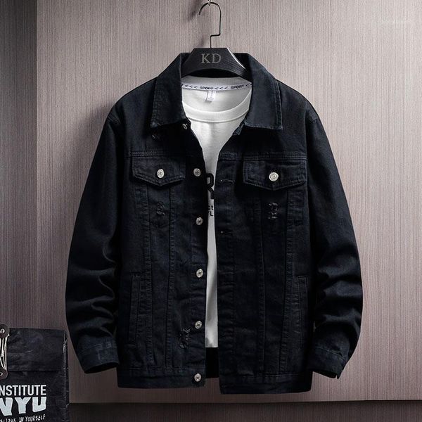 men blue-black denim jacket ripped lapel trend coat all-match light-colored simple regular cowboy men's jackets, Black;brown 
men blue-black denim jacket ripped lapel trend coat all-match light-colored simple regular cowboy men's jackets, Black;brown