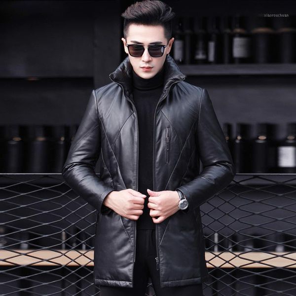 

men's leather & faux autumn winter genuine jacket men real sheepskin coat duck down chaqueta cuero hombre 2021 pk509 kj4143, Black
