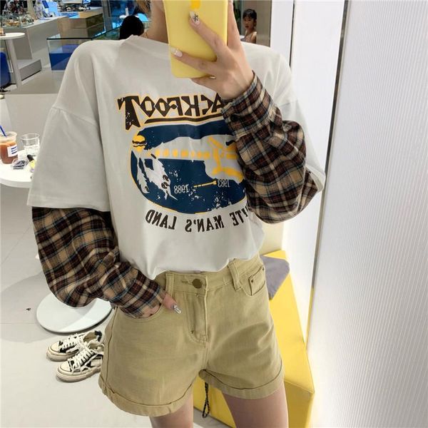 korean simple tees oversized graphic women fashion long sleeve leisure plaid patchwork white t-shirt
korean simple tees oversized graphic women fashion long sleeve leisure plaid patchwork white t-shirt