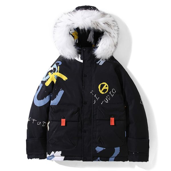 winter hooded jacket men white duck down parkas male thicken warm winbreaker fur colllar coats casual graffiti printed outwear, Black
winter hooded jacket men white duck down parkas male thicken warm winbreaker fur colllar coats casual graffiti printed outwear, Black