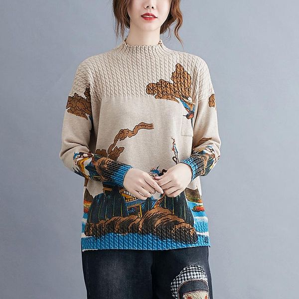 women's sweaters vintage semi-high collar jumper pullovers ladies long sleeve autumn winter painted pattern casual knit sweater female, White;black 
women's sweaters vintage semi-high collar jumper pullovers ladies long sleeve autumn winter painted pattern casual knit sweater female, White;black