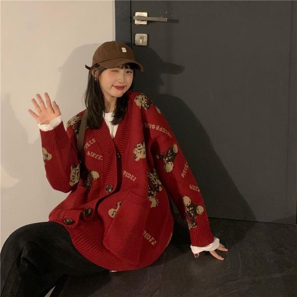 women's knits & tees korean cartoon bear knitted cardigan sweater women loose streetwear knit coat harajuku v neck oversized jumper out, White 
women's knits & tees korean cartoon bear knitted cardigan sweater women loose streetwear knit coat harajuku v neck oversized jumper out, White
