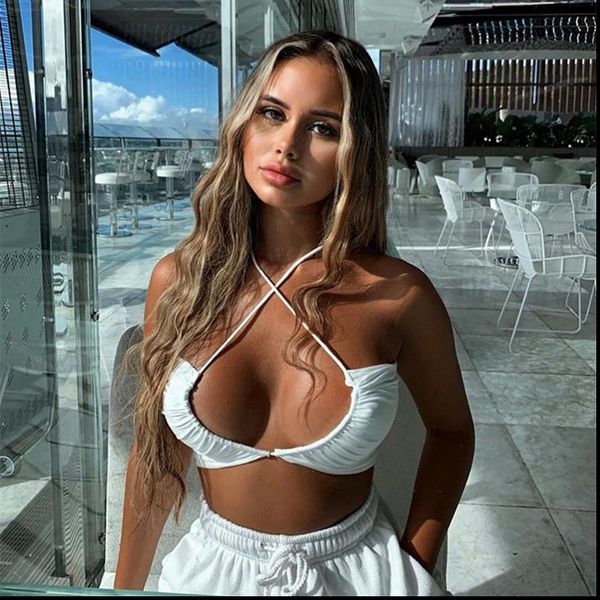 women summer slim solid color front cross halter back straps bandage hollow back bra crop wild fashion t shirt, White
women summer slim solid color front cross halter back straps bandage hollow back bra crop wild fashion t shirt, White