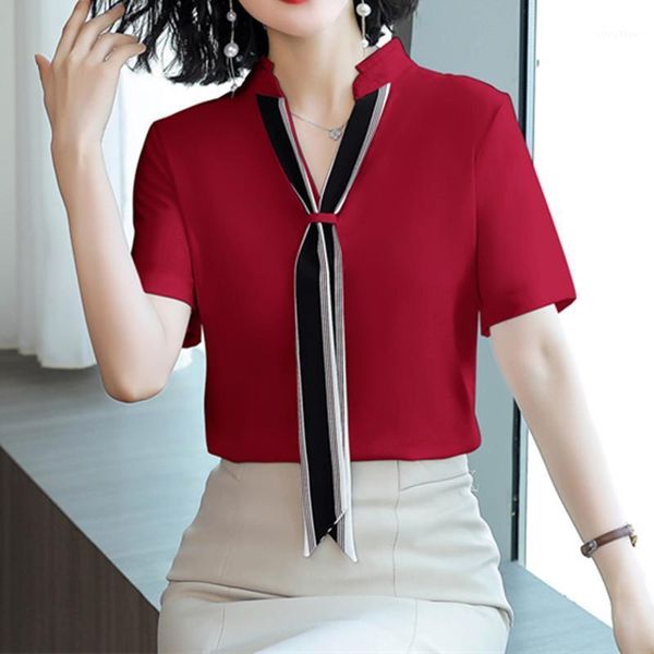 women's blouses & shirts shirt chiffon fashion solid for women short sleeve omen red v-neck ribbon clothing female woman basic, White
women's blouses & shirts shirt chiffon fashion solid for women short sleeve omen red v-neck ribbon clothing female woman basic, White