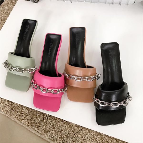 2021 fashion metal chain slippers thin low heel open toe slip on slides elegant sandals summer outdoor flip flops mujer, Black
2021 fashion metal chain slippers thin low heel open toe slip on slides elegant sandals summer outdoor flip flops mujer, Black