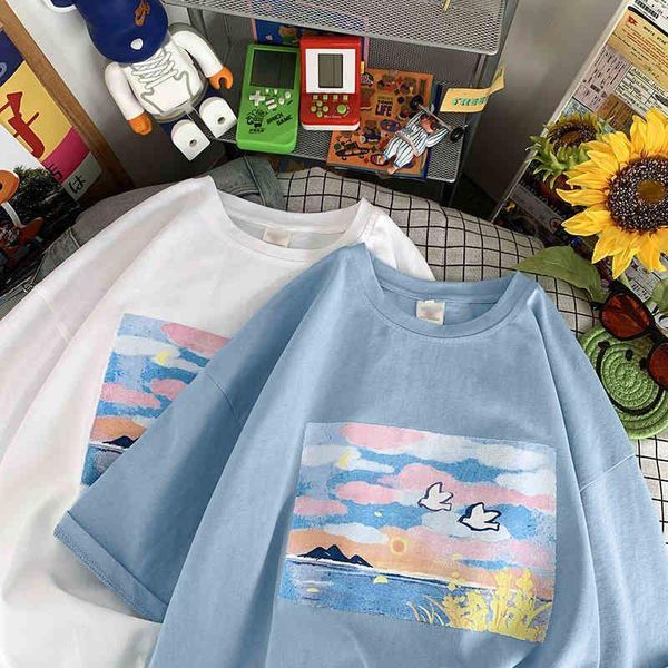 women's t-shirt t-shirts summer harajuku style milk blue print student short-sleeve loose all-match oversized women clothes, White
women's t-shirt t-shirts summer harajuku style milk blue print student short-sleeve loose all-match oversized women clothes, White